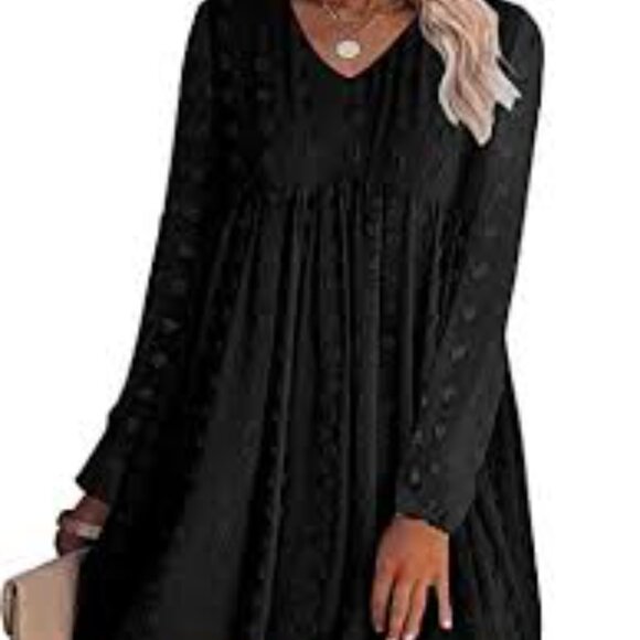 Black Babydoll Dress V Neck Swiss Dot Sheer Sleeves Size M - Picture 2 of 10